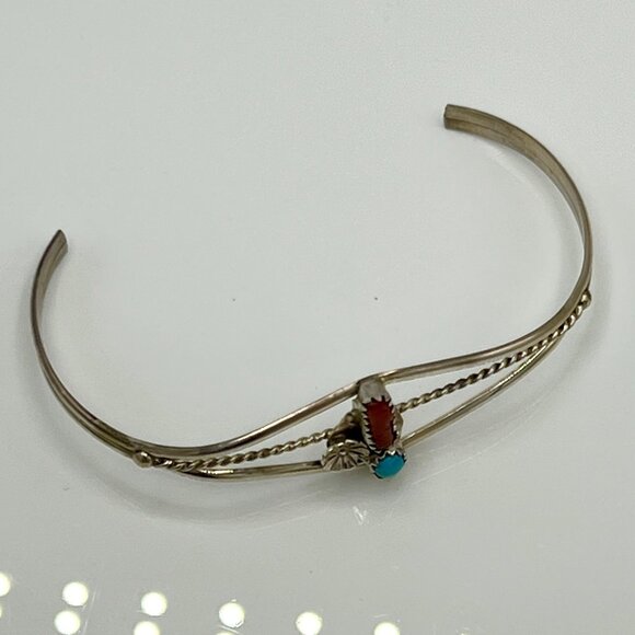 Navajo ESTHER WHITE Signed Sterling Silver Turquoise Coral Open Bangle Bracelet - Picture 6 of 6
